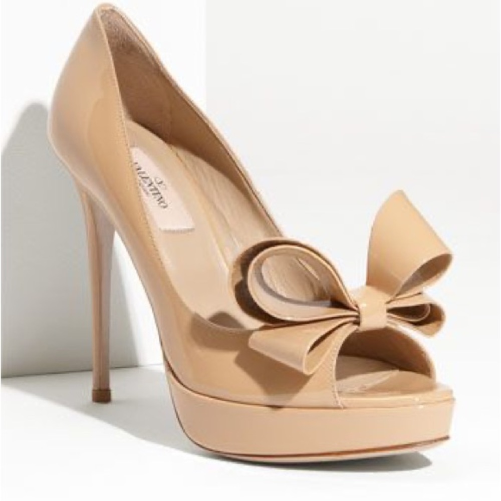 Valentino Patent Leather Nude Peep Toe Bow Heels